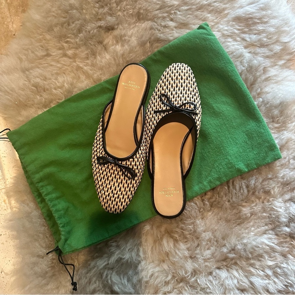 Ann Mashburn Black and Cream Joy Mules with Bow Detail